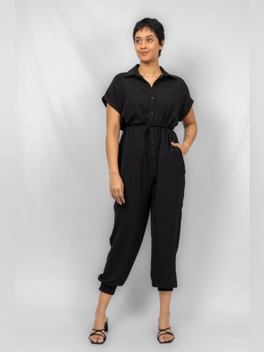 Black Button-Front Short-Sleeve Tie-Waist Jumpsuit
